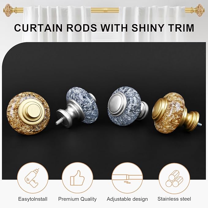 2 Pack Gold Curtain Rods for Windows 48 to 84 Inch, Decorative Vintage Crystal 1'' Diameter Curtain Rod with Gold Foil Finials, Adjustable Heavy Duty Easy Install Drapery Pole Set for Farmhouse