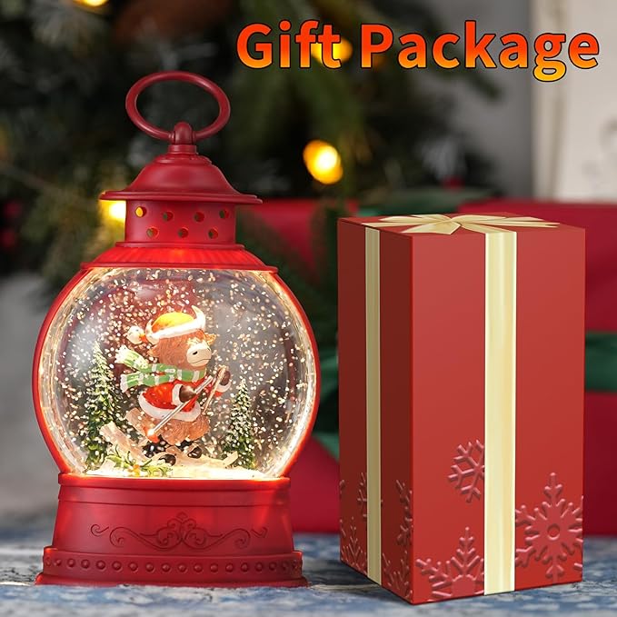 Christmas Snow Globes Skiing Yak Christmas Tree Holiday Music Lantern with Glittering & 6-Hour Timer, USB/Battery Powered Red Holiday Decoration for Desk Display