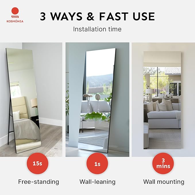 Kosmonia 64x24 Frameless Full Length Silver Coating Mirror w/Distortion Free, HD Reflection &Anti Desilvering, Tempered Glass & Shatter Proof Film Doubling Safety, Easy Setup w/Stand, Wall/Standing