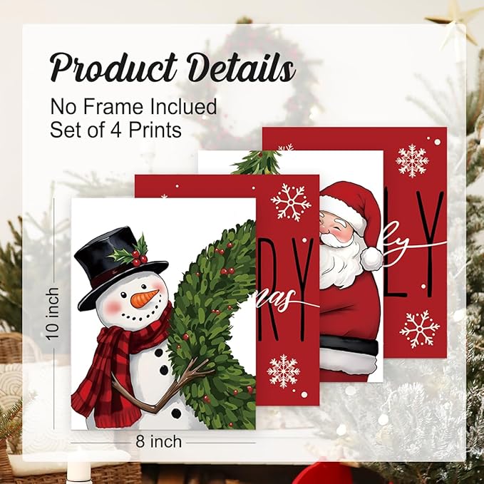 Wheatwin Christmas Decor, Merry Christmas Snowman Santa Claus Wall Art Prints Set of 4, Christmas Pictures Wall Decor for Farmhouse Living Room Bedroom Office, 8x10 (Unframed)