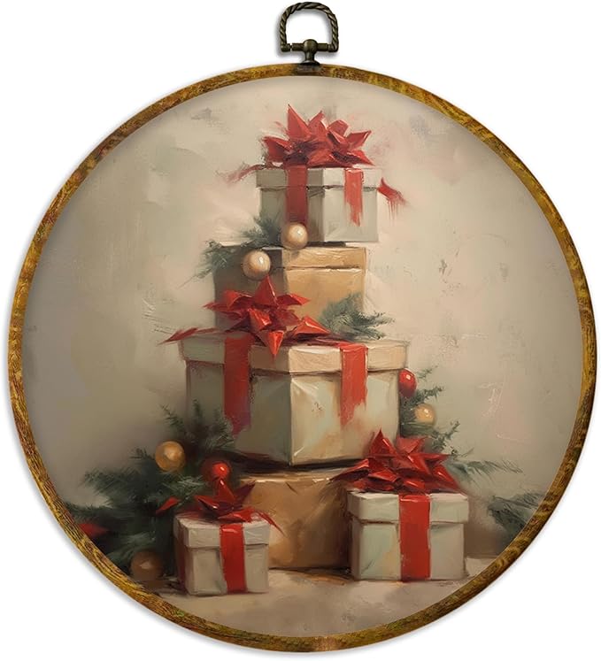 XPH Vintage Christmas Round Wall Art Framed, Winter Christmas Circle Wall Decor, Retro Cottagecore Holiday Gift Boxes Hanging Canvas Prints for Home Bedroom Living Room Decoration, 10x10 Inch
