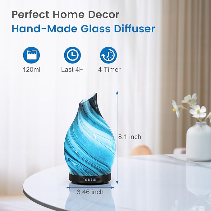 Essential Oil Diffuser, 120ML Glass Aromatherapy Diffuser with Auto Shut-Off and 7 Color LED Lights, Ultrasonic Mist Humidifier with 4 Timer for Home Office Bedroom (Gray Wave)