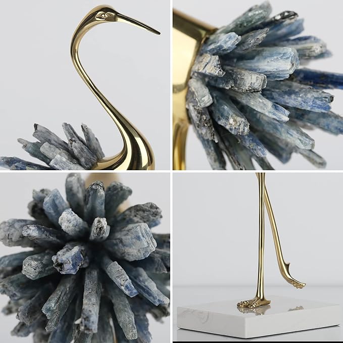 suruim Elegant Gold Crane Bird Statues with Crystal Tail Accents, Set of 3, Decorative Brass Figurines for Home Decor (Blue C)