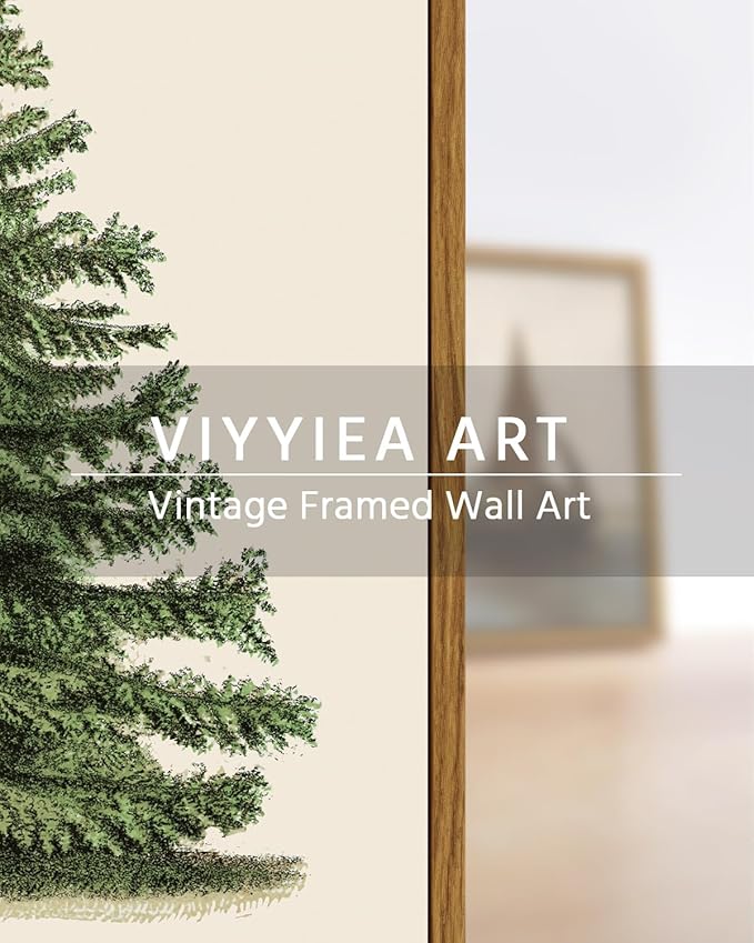 VIYYIEA Framed Canvas Wall Art, Vintage Christmas Decor, Living Room Botanical Fir Pine Tree Winter Decor for Bedroom Bathroom, Xmas Holiday Decorations Gifts, 12x16 Inch