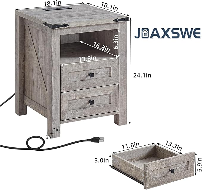 Nightstands Set of 2 with Charging Station, Farmhouse Night Stand with 2 Drawers and Shelf Storage, Wooden Side End Table, Bedside Cabinet for Bedroom, Living Room, Closet,Office (Grey)