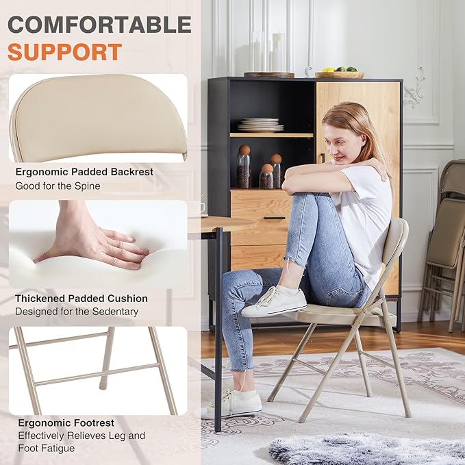Sweetcrispy Folding Chair 4 Pack, Leather Padded Folding Chairs, Sturdy Metal Foldable Chairs, Easy to Use and Store, Outdoor and Indoor, for Home, Office, Party, Comfy, Kahki