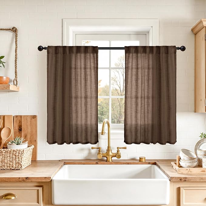 YoungsTex Short Linen Curtains 36 Inch Length for Kitchen Window Over Sink - Brown Light Filtering Drapes Semi Sheer with Rod Pocket Back Tab for Cafe Bathroom Window, 2 Panels, 34 X 36 Inch