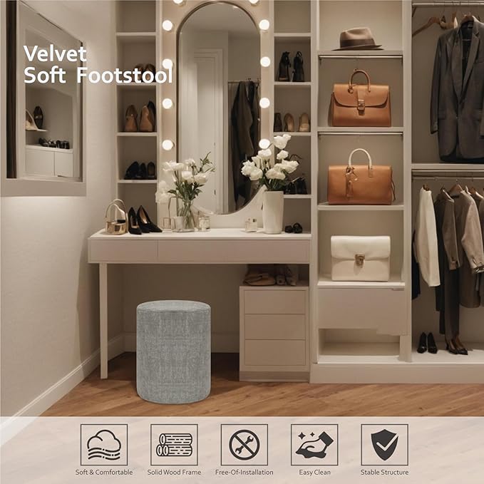 Get Set Style Modern Round Ottoman with Soft Padded Seat, Multifunctional Vanity Stool for Makeup, Upholstered Footrest Stool Ottoman Foot Stool for Living Room, Bedroom