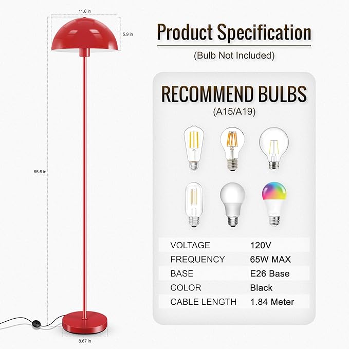 Floor Lamp Red, Industrial Tall Lamps for Living Room, 65.5" Standing Lamp, Metal Mushroom Lamp Shade, E26 Base, Footswitch, SGS Listed, Modern Pole Lamps for Nursery Bedroom, Mid Century Home Decor