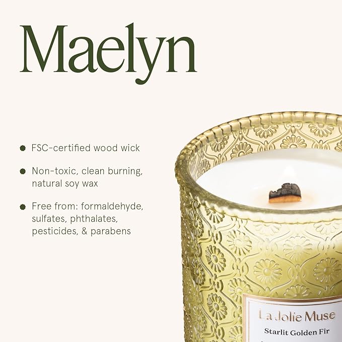 LA JOLIE MUSE Christmas Candles, Starlit Golden Fir Candle – Pine, Cedarwood, Fir Balsam | 19 oz Large Wooden Wick Candle | Natural Soy Wax | 90 Hours Clean Burn | Gift-Ready for Hosts & Gatherings
