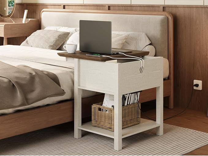 Rresyet Sliding Side Table with Charging Station & 2-Tier Storage,Farmhouse End Table, Wooden Nightstand for Bedroom & Living Room,White