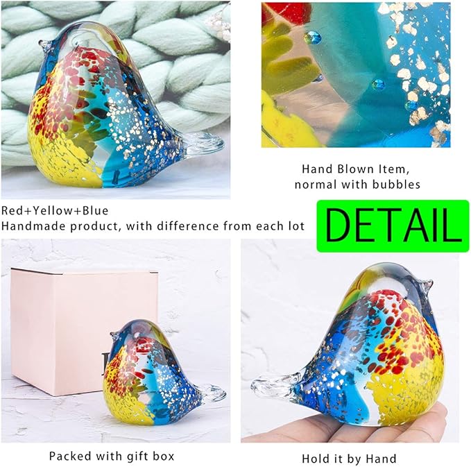 QFkris Art Glass Bird Figurine Handmade Blown Glass Crystal Paper Weight Christmas Birthday Gift Home Table Ornament Decor (N004)
