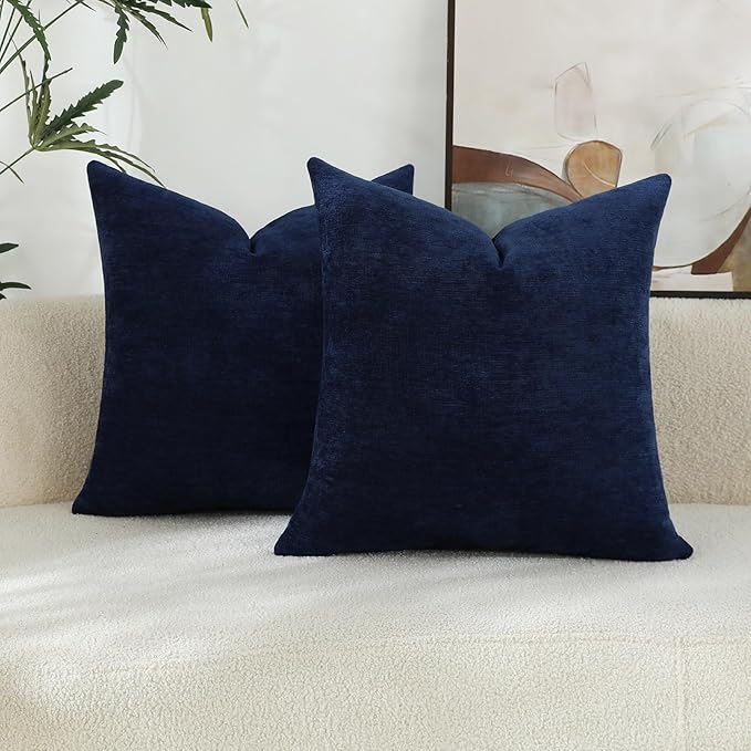 Dark Blue Chenille Decorative Couch Throw Pillow Covers, Soft Cushion Cases for Home Livingroom Sofa Décor, Pack of 2, 20 x 20 Inches