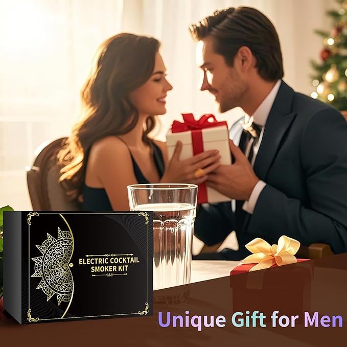 Electric Whiskey Smoker Kit with 6 Wood Chips, Built-in Lighter, Cocktail Old Fashioned Bourbon Drink Smoker Kit, No Butane Needed, Stocking Stuffers Christmas White Elephant Gifts for Adults Men