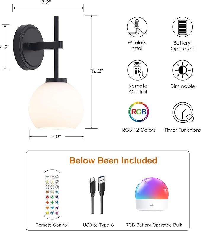 Black Wireless Rechargeable Wall Sconces with Remote Control, Battery Operated Wall Sconce Set of 2, LED Dimmable Wall Lights with Opal White Glass Shade, 12 Colors RGB & 3 CCT Bulb