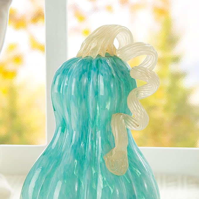Glitzhome 8.5" H Fall Glass Gourd,Tabletop Crystal Pumpkin Craft Ornament for Home Decor Halloween Party Decoration Thanksgiving Gift Fall Pumpkin Decor,Turquoise