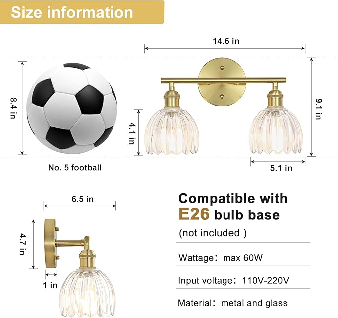 Vintage Bathroom Light Fixtures,2-Light Hardwired Vanity Lights Over Mirror,Gold Wall Sconces with Clear Tulip Glass Shade for Bathroom Living Room,E26 Socket(Bulbs Not Included)