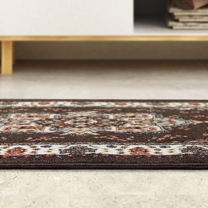 Antep Rugs Alfombras Oriental Traditional 2x4 Non-Skid (Non-Slip) Low Profile Pile Rubber Backing Kitchen Area Rugs (Brown, 2'3" x 4')