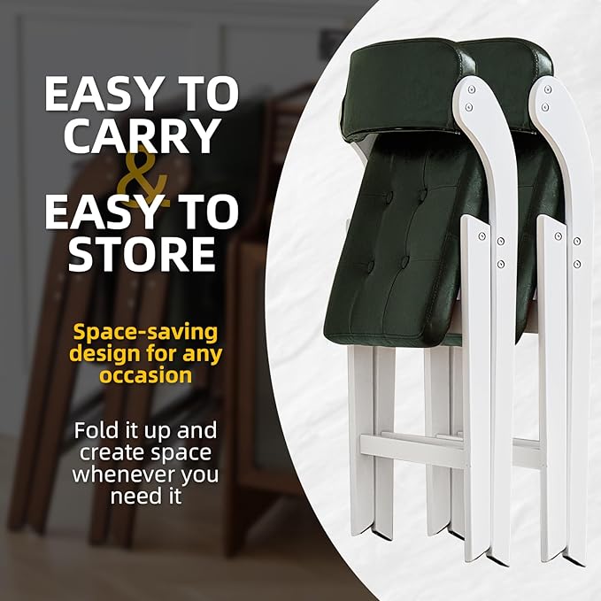 Padded Folding Chairs with Cushion, Stackable Wooden Foldable Chair Set of 2, Padded Folding Chairs with Cushion for Guests Kitchen, Office, Wedding, Picnic, Party Chair (White Green)