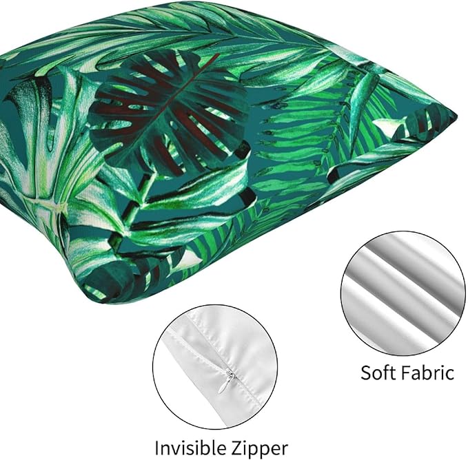 Tropical Green Leaves Throw Pillow Covers 18x18 Set of 4 Palm Leaf Decorative Throw Pillow Cushion Cases Cover for Sofa Couch Car Home Decor