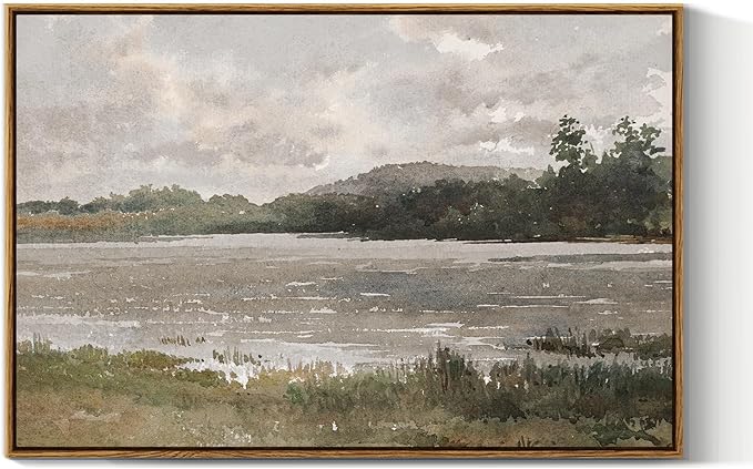 VIYYIEA Vintage Nature Large Framed Wall Art, Lakeside Landscape Paintings Art Decor Aesthetic, Canvas Print Artwork, Retro Scenery Wall Pictures for Bedroom Bathroom Office 20x30 Inch