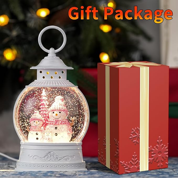 Christmas Snow Globes, Pink Snowman Family Musical Snow Globe Lantern with Timer, USB or Battery Operated, Lighted Christmas Home Decorations Indoor