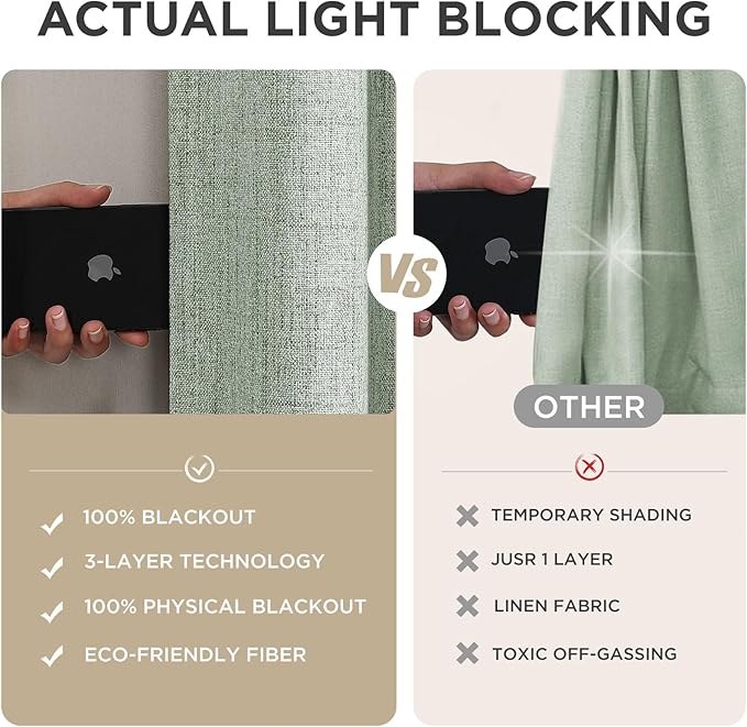 Joydeco Blackout Curtains for Bedroom - 100% Light Blocking 2 Panels Sage Green Drapes 70"W x 108"L, Thermal Insulated Room Darkening Curtains, Linen Textured for Living Room, Rod Pocket & Back Tabs