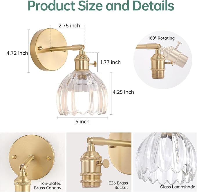 Vintage Battery Operated Wall Sconce with Cute Transparent Tulip Glass Lampshade Wireless Rechargeable Battery Powered Wall Light with Remote Control for Bedside Bedroom Doorway