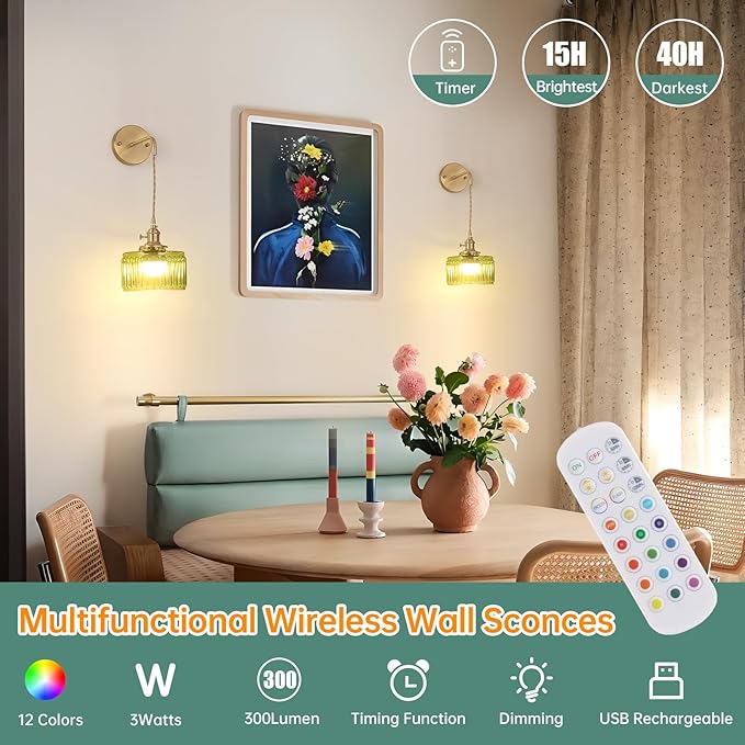 Battery Operated Wall Sconce with Green Striped Shade Pattern Glass Adjustable Chain Retro Gold Wall Mounted Light, Modern Wall Decor for Bedside Bedroom Indoor Doorway, Set of 2