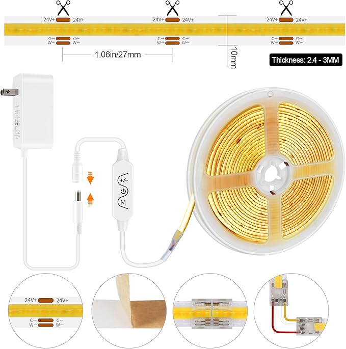 COB LED Strip Light Warm White to Cool 2700K-6500K, 16.4ft Bright White COB Light Strip with Remote & App, 24V UL Listed 3200LEDs COB Led Lights for Under Cabinet, Kitchen, Indoor Lighting