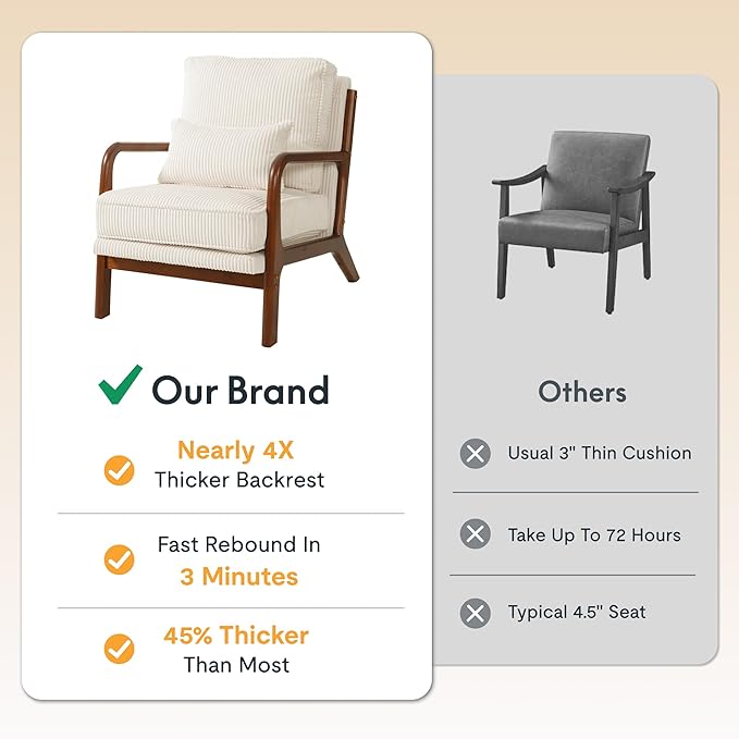FLEXISPOT AC1 Mid Century Modern Accent Chair with Wood Frame, Corduroy Upholstered Armchair with Thickened Backrest & Lumbar Pillow, Comfy Reading Chair for Living Room, Bedroom, Balcony (White)