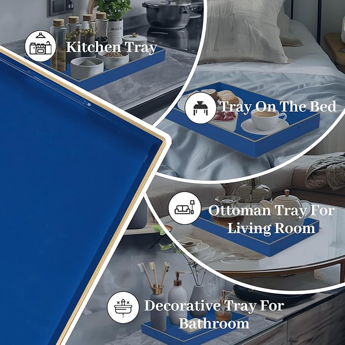 MAONAME Navy Blue Serving Tray with Handles, Modern Decorative Tray for Coffee Table, Plastic Rectangular Tray for Ottoman, Bathroom, Decor, 15.8” x 10.2” x1.4