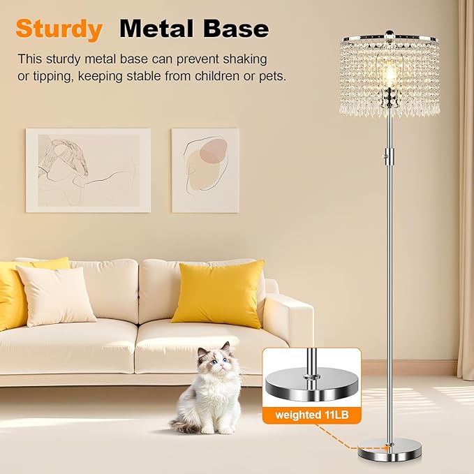 【Upgraded】 Floor Lamps for Living Room, 1000LM LED Bulb Included, Dimmable Standing Lamp with Crystal Lampshade, Tall Silver Pole Light for Bedroom Nursery Office Corner Reading