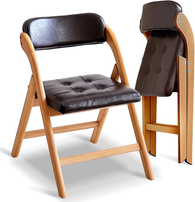 2 Pack Wooden Folding Chair with Padded Seat Stackable Wooden Foldable Chair, Folding Chairs with Cushion for Guests Kitchen, Bedroom, Office, Wedding, Library, Party, Picnic (Natural Brown)