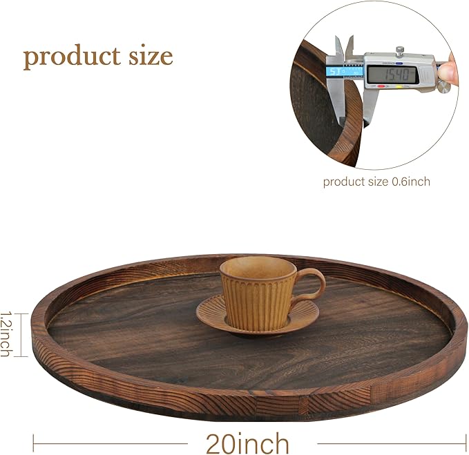 20" Rustic Wooden Serving Tray - Extra Large Round Ottoman Table Tray for Farmhouse Decorative Oversized Coffee Table Trays Living Room Kitchen Counter Breakfast Brown
