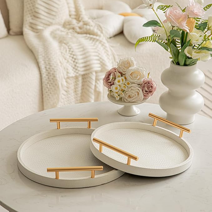 2 Piece White Round Serving Tray with Handles, Woven-Texture Faux Leather Ottoman Tray for Living Room, Decorative Tray for Coffee Table Home Decor