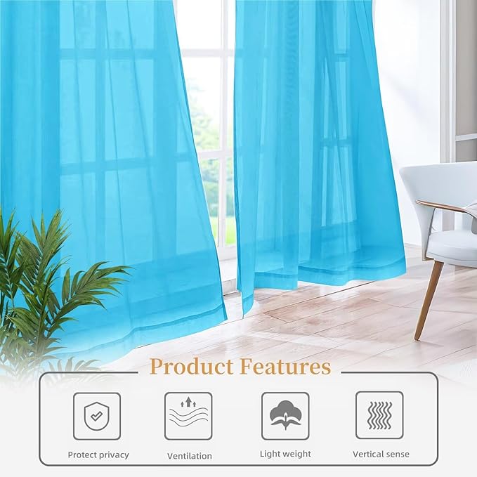 Sheer Curtains 45 Inches Long 2 Panels, Rod Pocket Short Curtain for Kitchen, Bedroom, Cafe Window(Cyan Blue 38" W x 45" L)