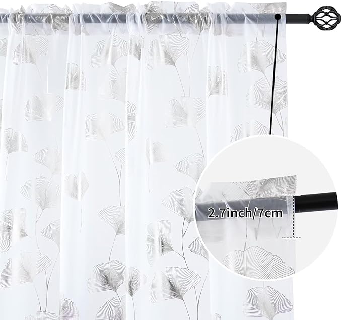 Silver Foil Print Sheer Curtains 96 inches Long, 2 Panels Ginkgo Bronzing Treatment Sheer Curtain, Rod Pocket Window Treatment Panels for Bedroom Living Room