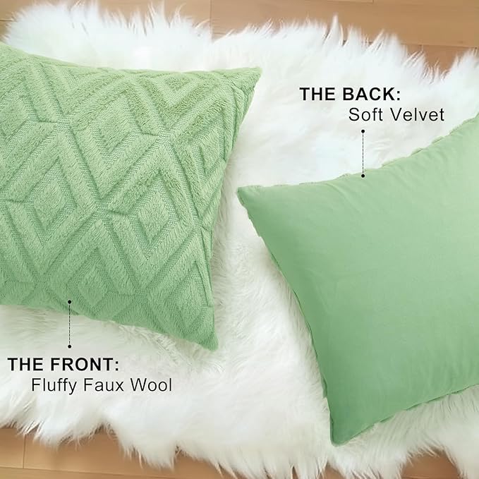 decorUhome Couch Throw Pillow Covers 12x20 Set of 2, Decorative Soft Plush Faux Wool Lumbar Neutral Accent Pillow Covers for Bed Sofa Living Room, Sage Green