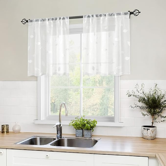 HOMEIDEAS White Sheer Kitchen Curtains 30 X 24 Inch Length 2 Panels Embroidered Leaf Pattern Short Curtains for Small Window Valance Tiers