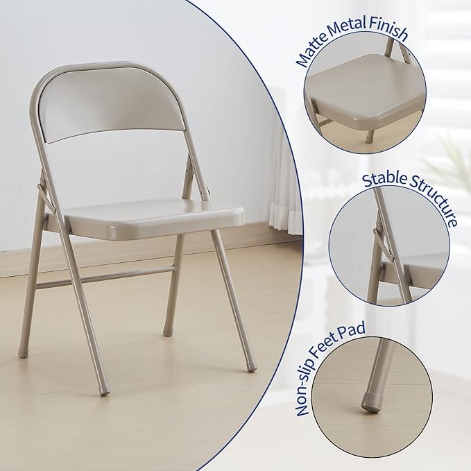 KAIHAOWIN Metal Folding Chair- Set of 4 All Steel Foldable Chairs Space Saving &Heavy Duty for Meeting Office Wedding Party Events-Beige