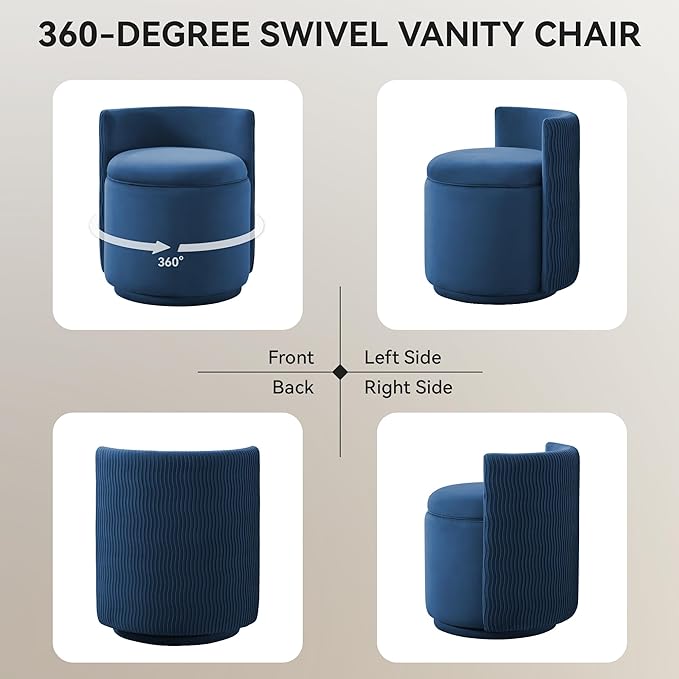 Velvet Vanity Chair with Storage, 360° Swivel Makeup Chair with Wave Back, No Assembly Small Accent Stool for Bedroom, Dressing, Living Room, Blue