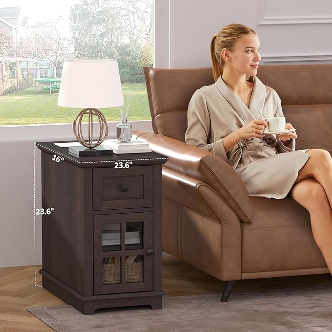 HIFYOBRO End Table with 1 Drawer, Storage Side Table with Flip Top Charging Station, Type-C & USB Port & Power outlets, Wooden Storage Cabinet for Bedroom/Living Room