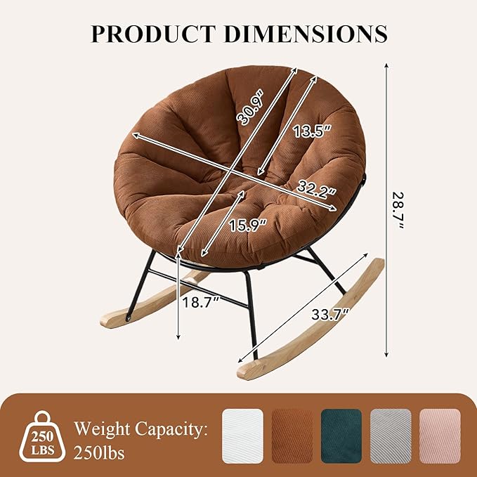 NIOIIKIT Nursery Saucer Rocking Chair, Corduroy Upholstered Round Glider Chair, Nursing Chair with Comfy Cushion, Tufted Papasan Chair, Cozy Reading Chair for Living Room, Bedroom (Brown)
