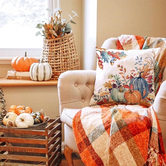 DFXSZ Fall Pillow Covers 16x16 inch Set of 2 Blue and Green Watercolor Pumpkin Fallen Leaves Decorative Throw Pillow Covers Autumn Thanksgiving Farmhouse Decoration for Home Couch TH27-E16
