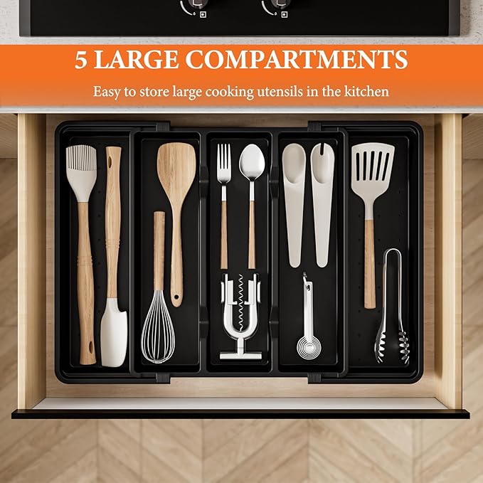 Large Silverware Organizer, Expandable Utensil Drawer Organizer for Kitchen Drawers, Kitchen Drawer Organizer for Spoons/Forks/Knives, Multipurpose & BPA Free Cutlery Tray, Black, 1 Pack