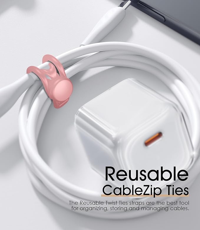 24Pcs Nearockle Silicone Cable Ties 3Inch Cord Organizer, Reusable Small Zip Ties Cable Organizer for Charging Cords Earphone Computer Wire, Office Desk Cable Management Travel Accessories(4 Colors)