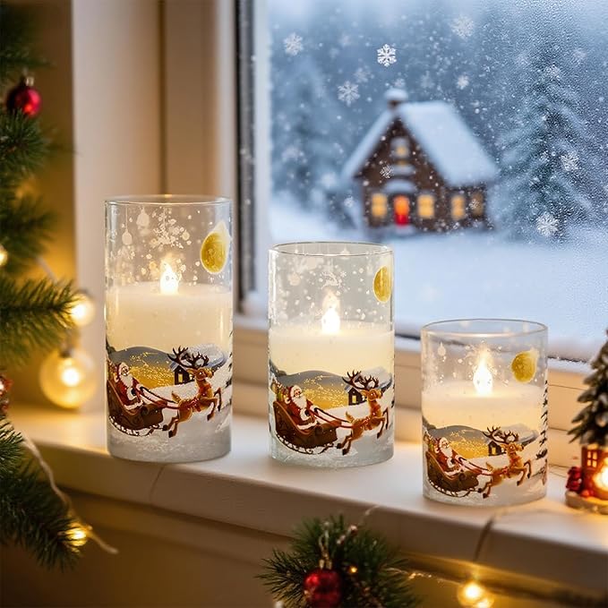 DRomance Santa Glass Flameless Candles Rechargeable Battery Operated with Remote and Timer Real Wax LED Flickering Pillar Candles White Cold Light Window Christmas Holiday Decor D3 x 4",5",6"