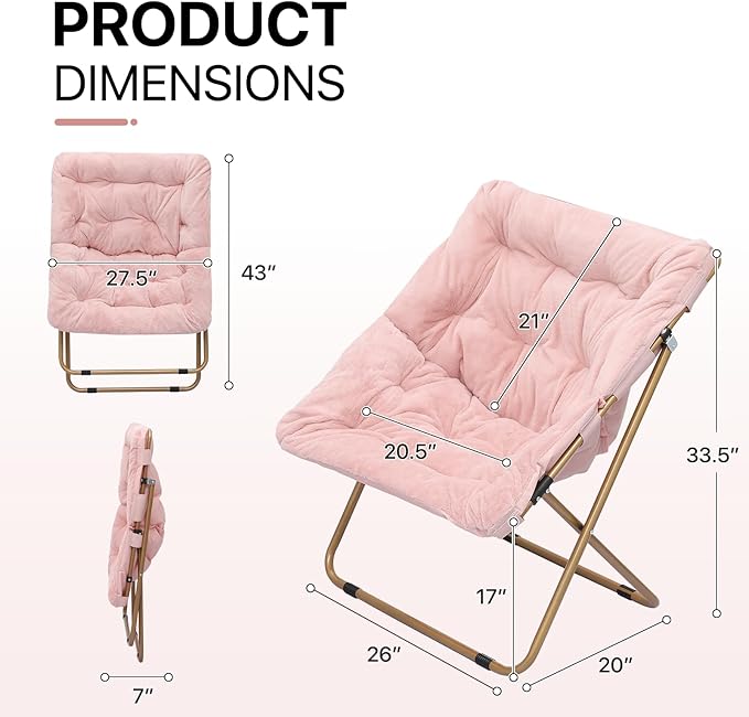 Athena Collection Saucer Chair for Adult, Square Comfy Cozy Chair Folding Chair Faux Fur Metal Frame Foldable Reading Chair Accent Chair for Bed Room Living Room Set of 2, Pink