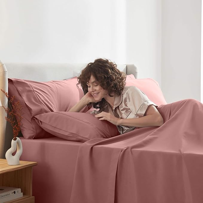 Nestl Extra Deep Twin Sheet Set - 4 Piece Breathable & Cooling Sheets - Hotel Luxury Bedding Set w/18-24 Inch Deep Pockets - Easy & Secure Fit - Super Soft, Wrinkle Free & Comfy - Pink Clay